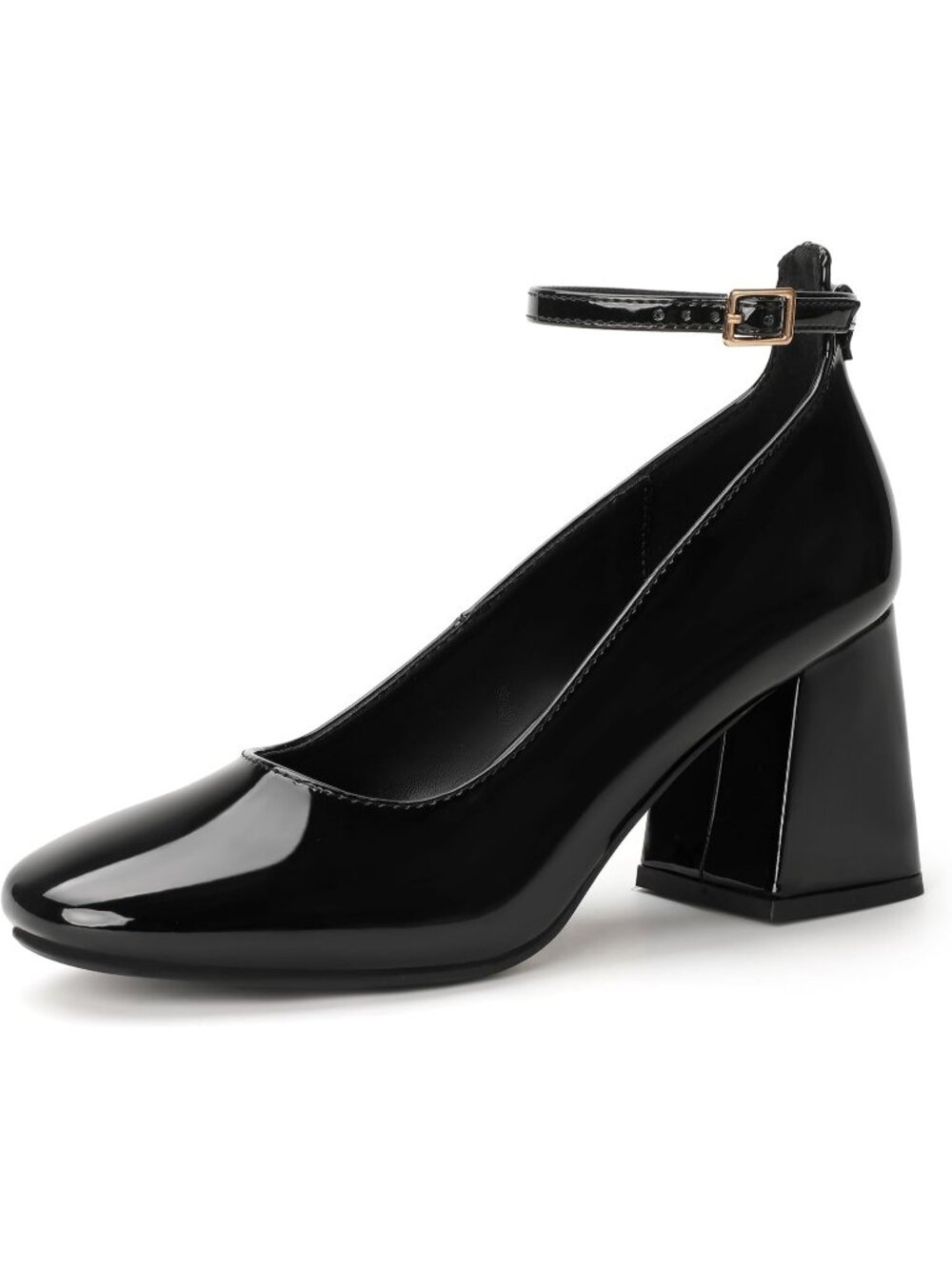 Women's Black Comfortable Closed Toe Low Block Ankle Strap Pumps Chunky Heels